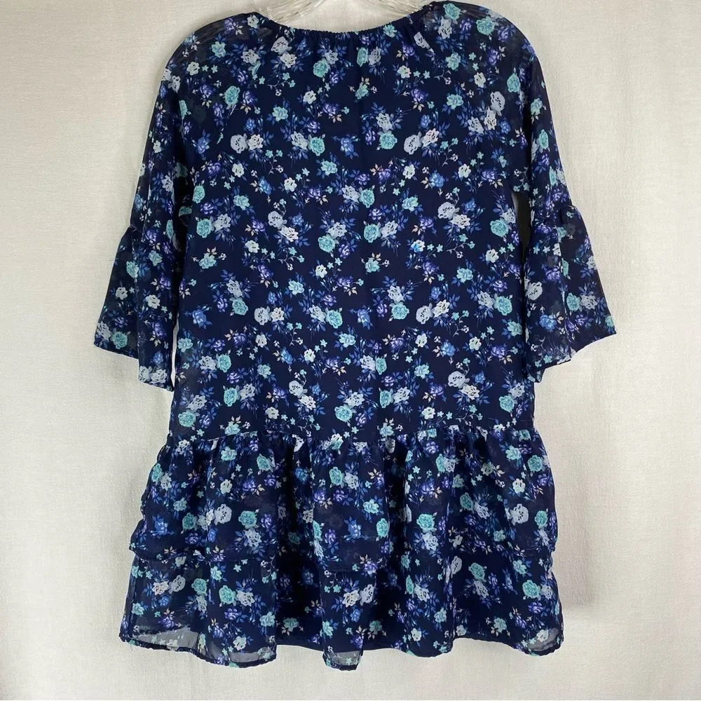 5/$25 Children’s Place Blue Floral Sheer Bell Flare Sleeves Tiered Overlay Lined
